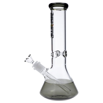 Side view of the 12in. Dopezilla New York Water Pipe - Transparent Black showing its beaker base, slanted downstem, and straight neck against a white background.