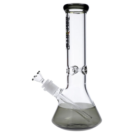 Side view of the 12in. Dopezilla New York Water Pipe - Transparent Black showing its beaker base, slanted downstem, and straight neck against a white background.