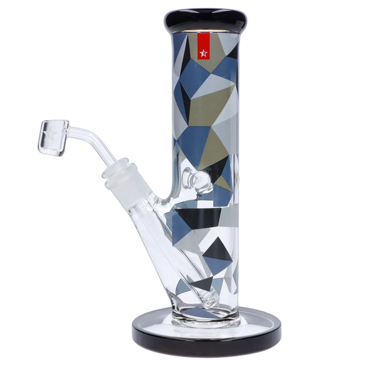 Three-quarter view of the Famous Design Digital Straight Dab Rig - 10in. showing its geometric blue, gray, and black pattern on clear glass.