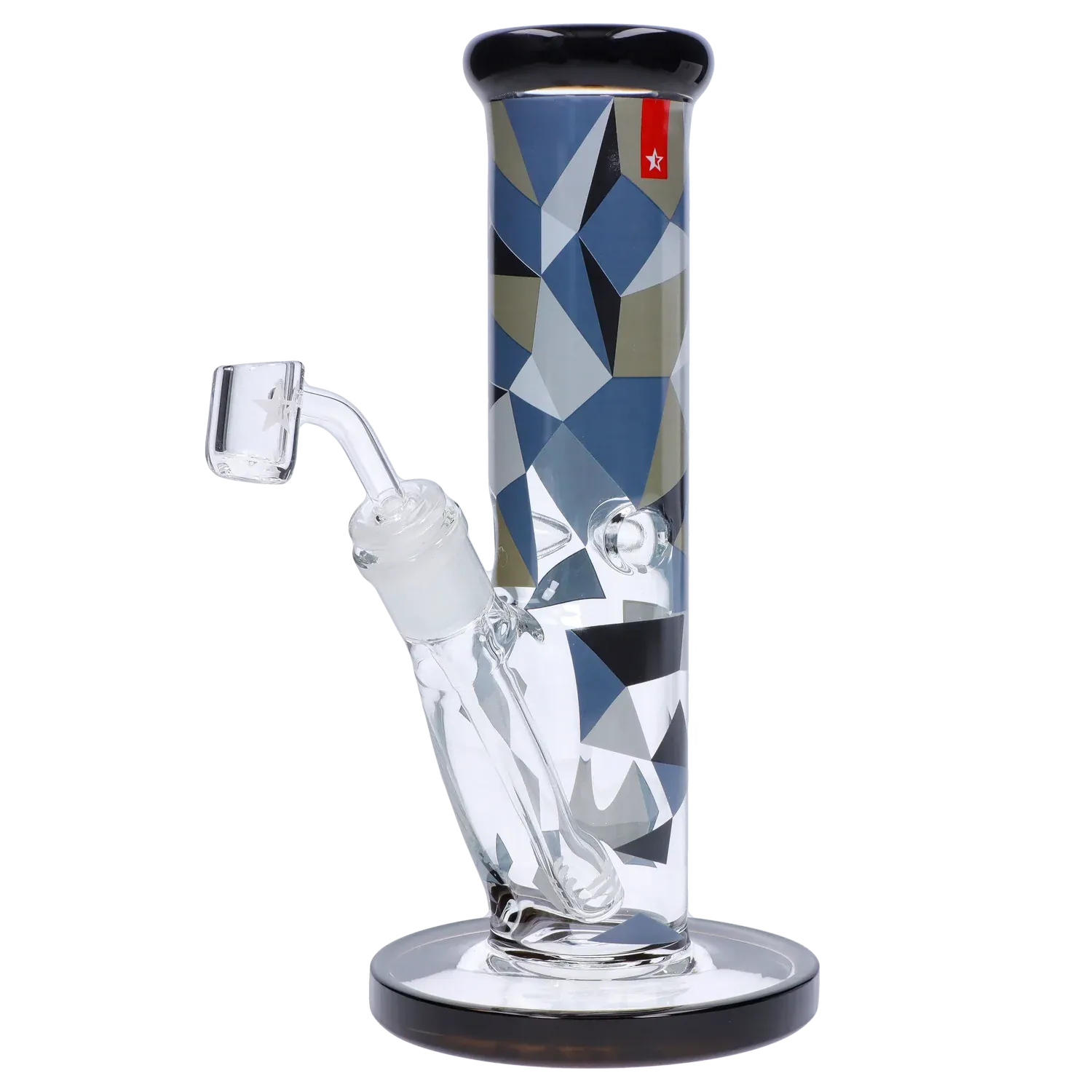 Side view of the 10in. Famous Design Digital Straight Dab Rig showing its geometric blue, gray, and black patterned tube and angled glass nail.