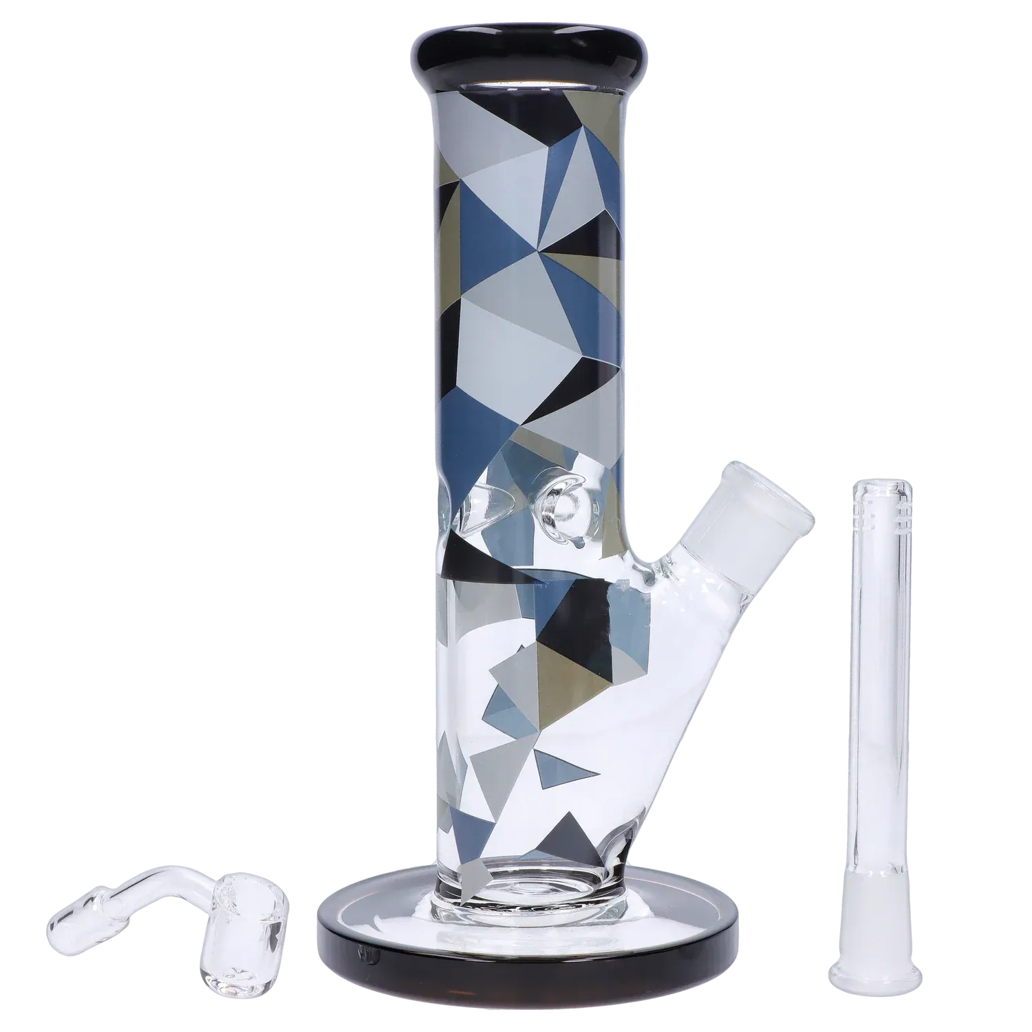 Close-up front view of the Famous Design Digital Straight Dab Rig - 10in. showing its geometric blue, gray, and black pattern on clear glass with a black-rimmed mouthpiece and base