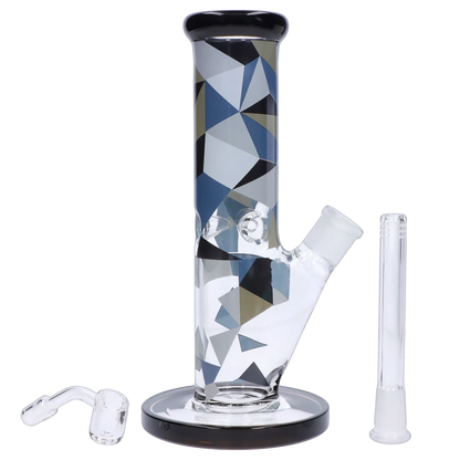 Close-up front view of the Famous Design Digital Straight Dab Rig - 10in. showing its geometric blue, gray, and black pattern on clear glass with a black-rimmed mouthpiece and base