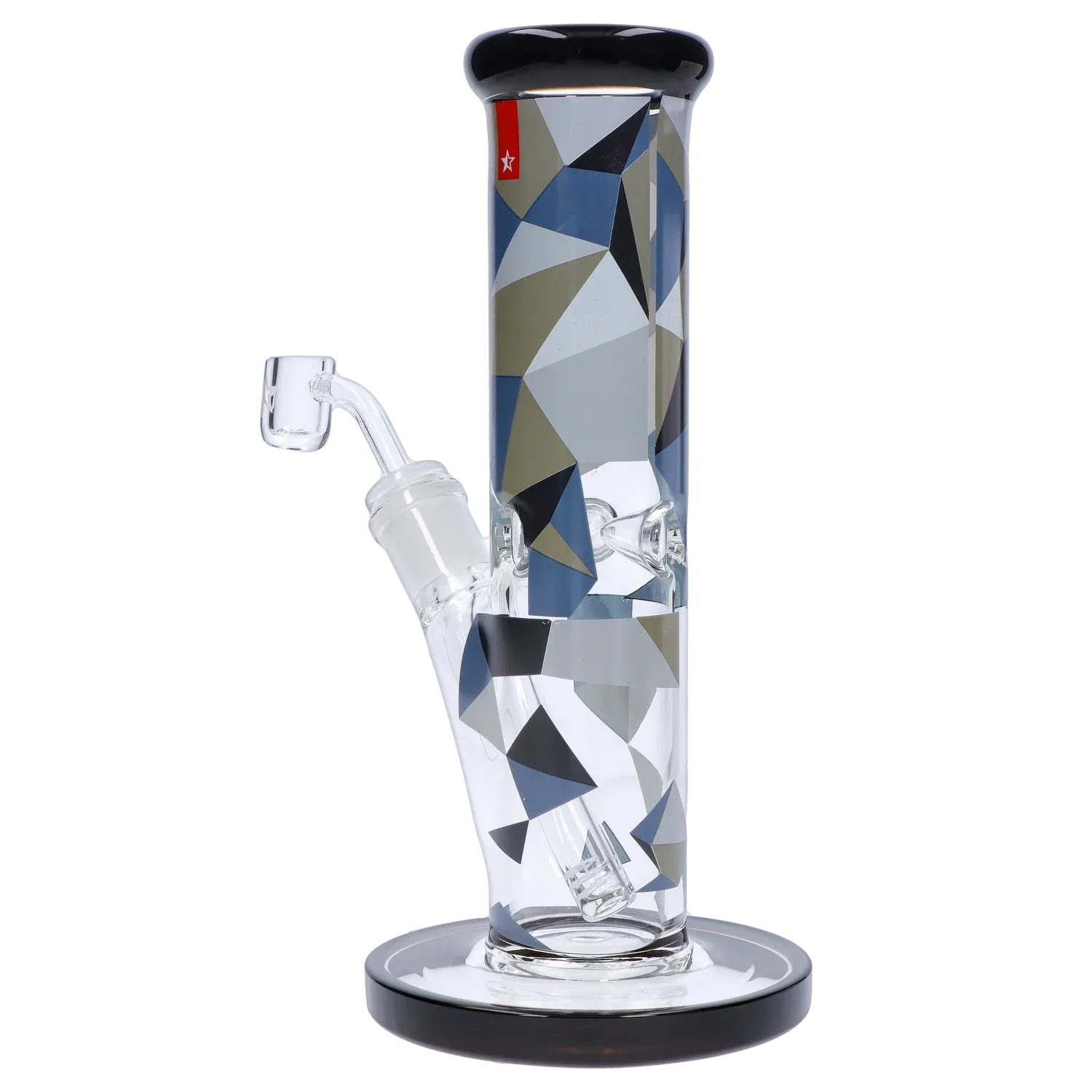 Front view of the Famous Design Digital Straight Dab Rig - 10in. showing its geometric blue, gray, and black patterned tube, angled joint, and glossy black-rimmed mouthpiece