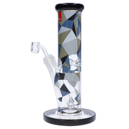 Front view of the Famous Design Digital Straight Dab Rig - 10in. showing its geometric blue, gray, and black patterned tube, angled joint, and glossy black-rimmed mouthpiece