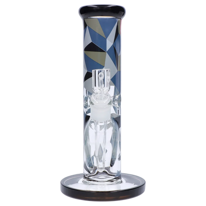 Front-on view of the Famous Design Digital Straight Dab Rig - 10in. showing its patterned blue and gray geometric tube, clear joint, and round black-rimmed base