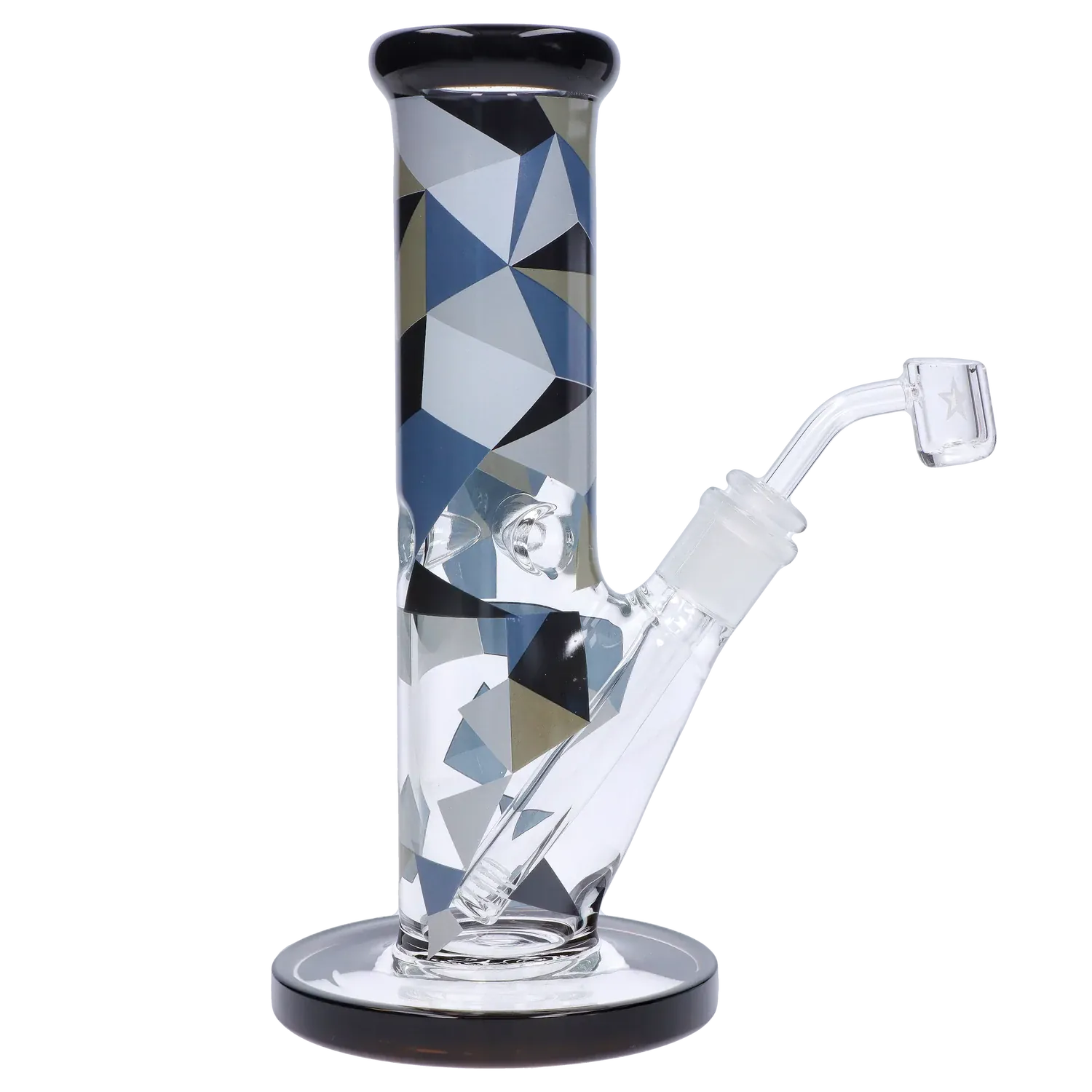 Close-up side view of the Famous Design Digital Straight Dab Rig - 10in. showing its patterned cylindrical neck, angled joint, and round black-rimmed base