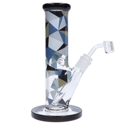Close-up side view of the Famous Design Digital Straight Dab Rig - 10in. showing its patterned cylindrical neck, angled joint, and round black-rimmed base