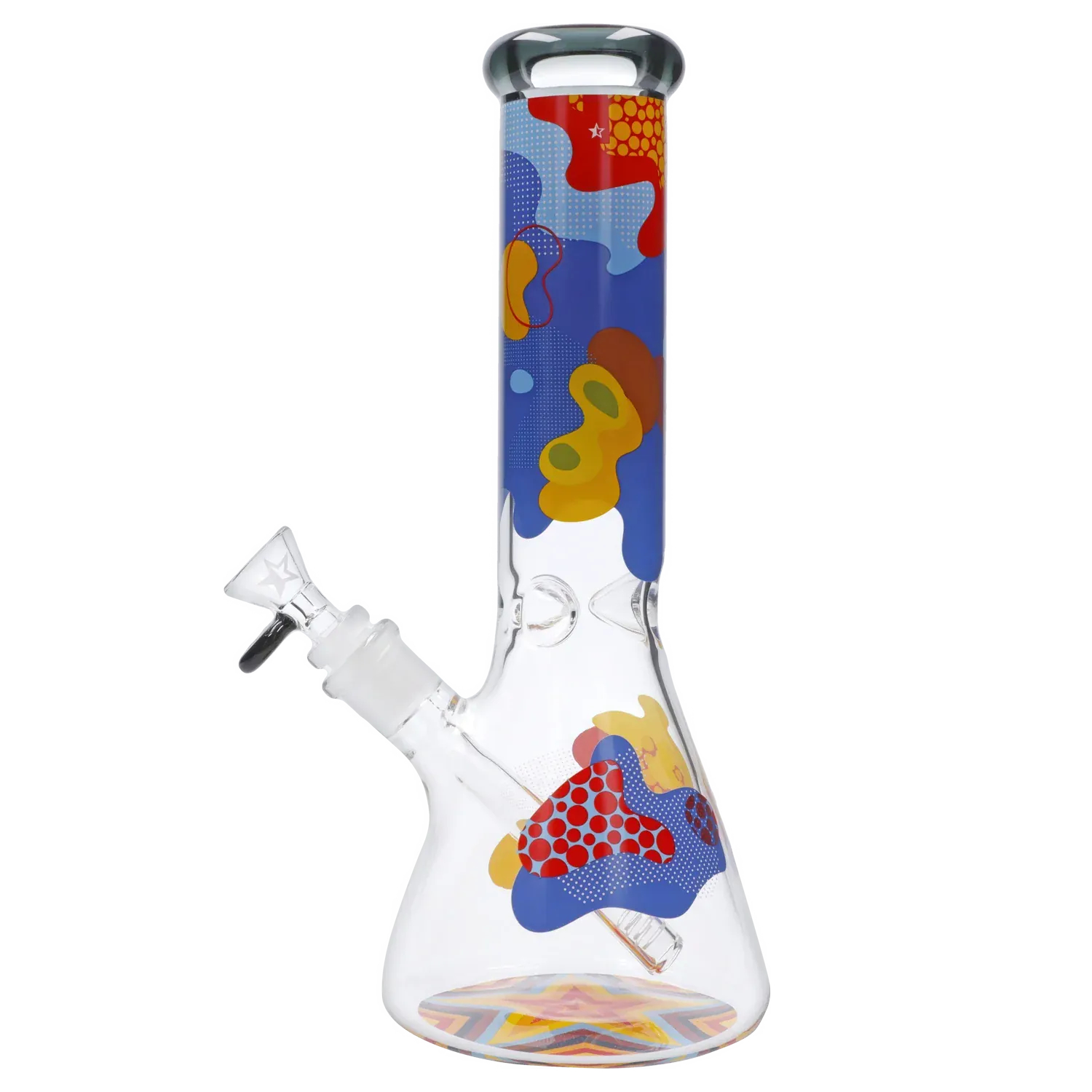 Angled front view of the Famous Design Papaya Water Pipe - 12in. showing colorful abstract pop‑art patterns on a clear glass beaker with the downstem and bowl visible.