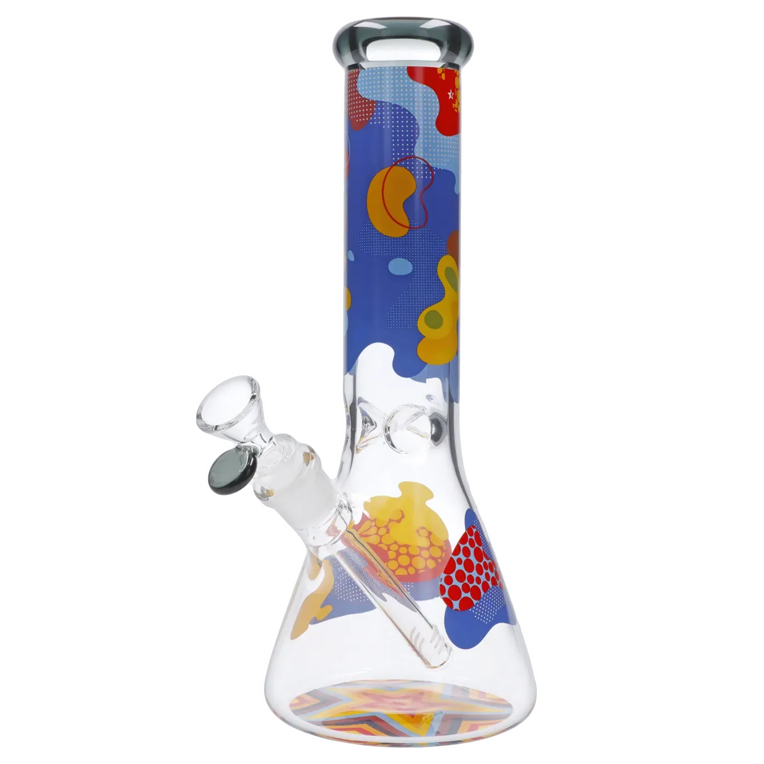 Angled view of the Famous Design Papaya Water Pipe - 12in. showing a clear beaker base and tall neck decorated with colorful abstract papaya-like shapes.