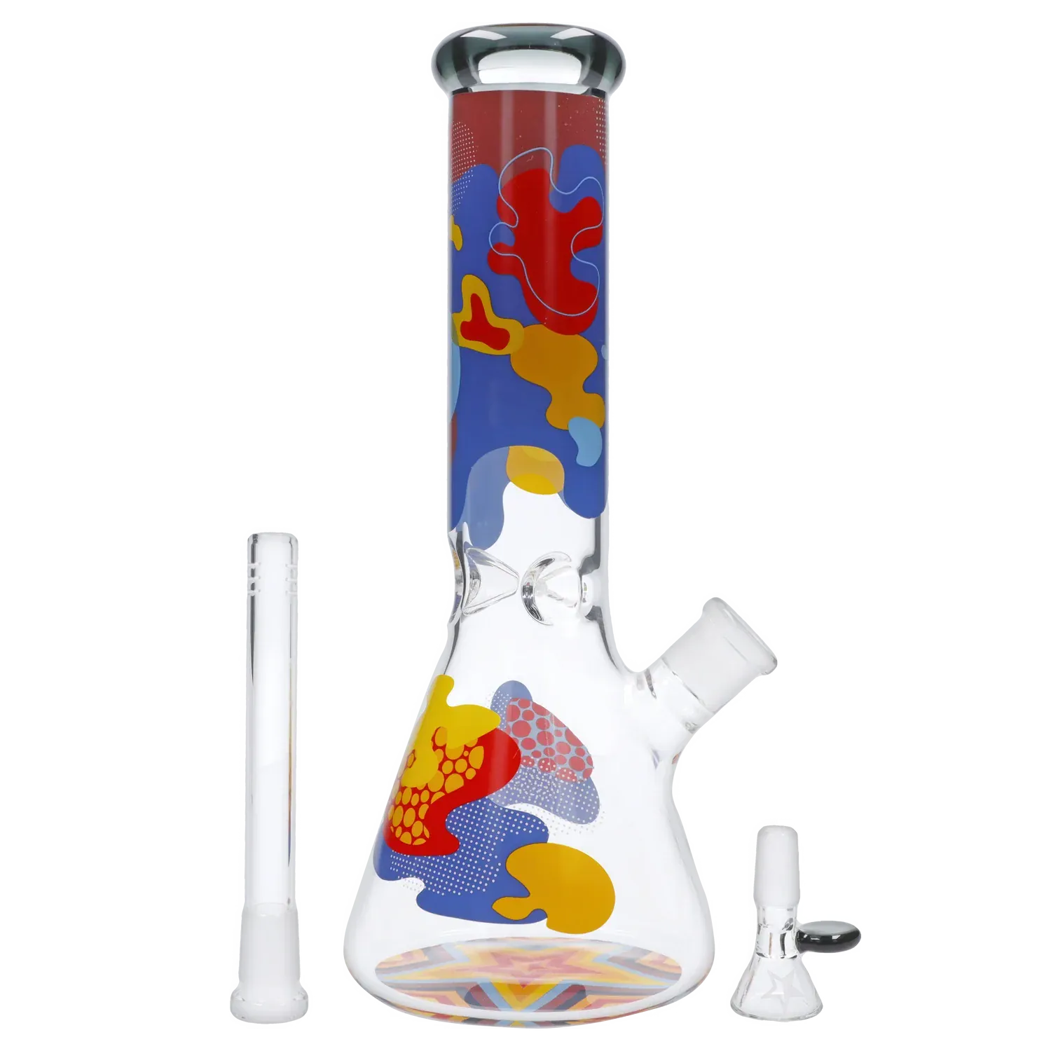 Close-up front view of the Famous Design Papaya Water Pipe - 12in. showing its beaker base and colorful abstract red, blue, and yellow patterns.