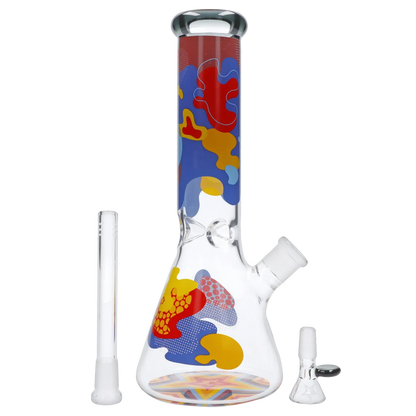Close-up front view of the Famous Design Papaya Water Pipe - 12in. showing its beaker base and colorful abstract red, blue, and yellow patterns.
