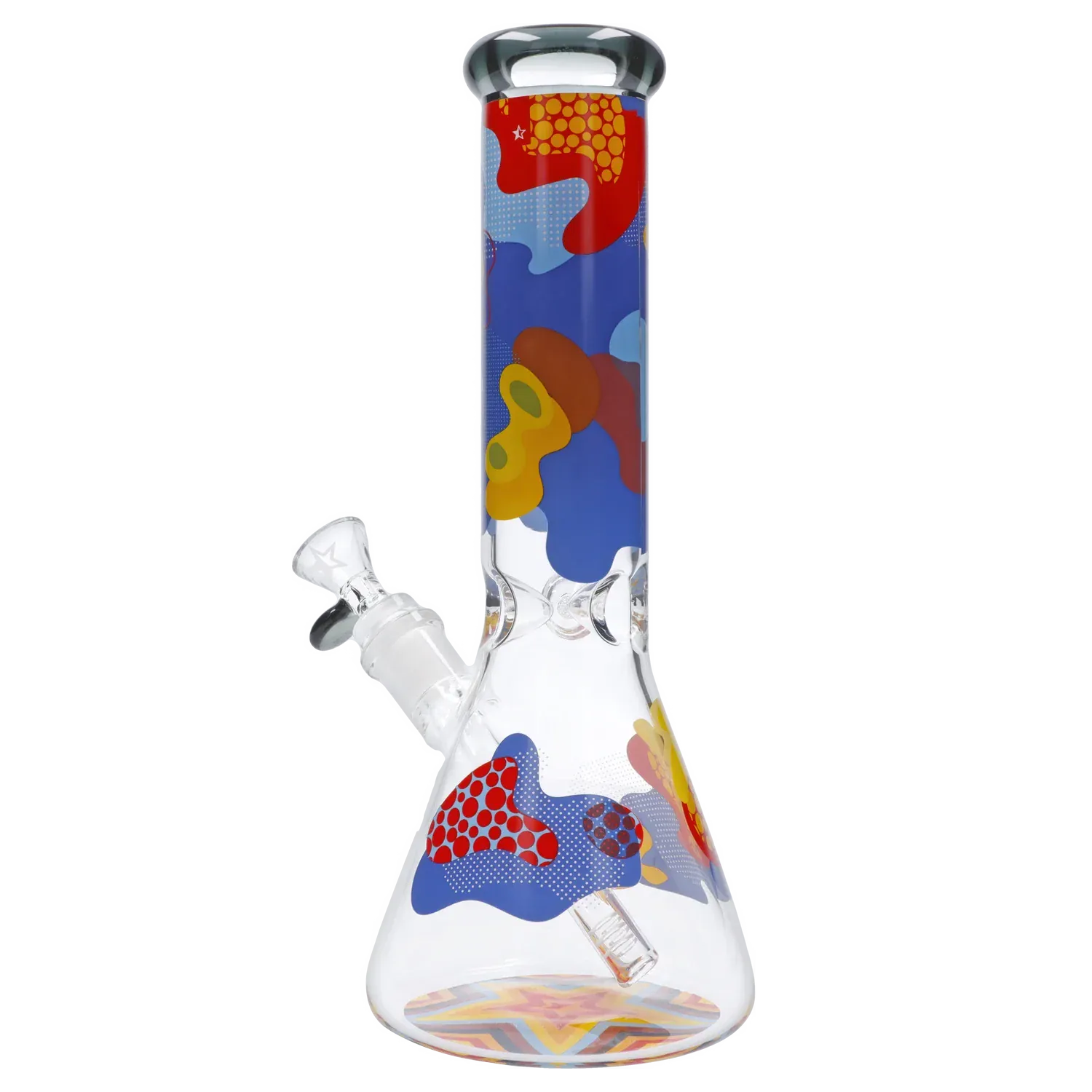 Front view of the Famous Design Papaya Water Pipe - 12in. showing a tall clear glass tube with colorful pop-art splotches.