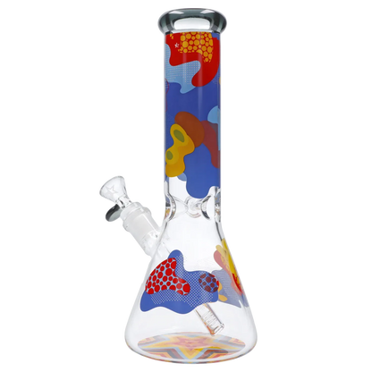 Front view of the Famous Design Papaya Water Pipe - 12in. showing a tall clear glass tube with colorful pop-art splotches.