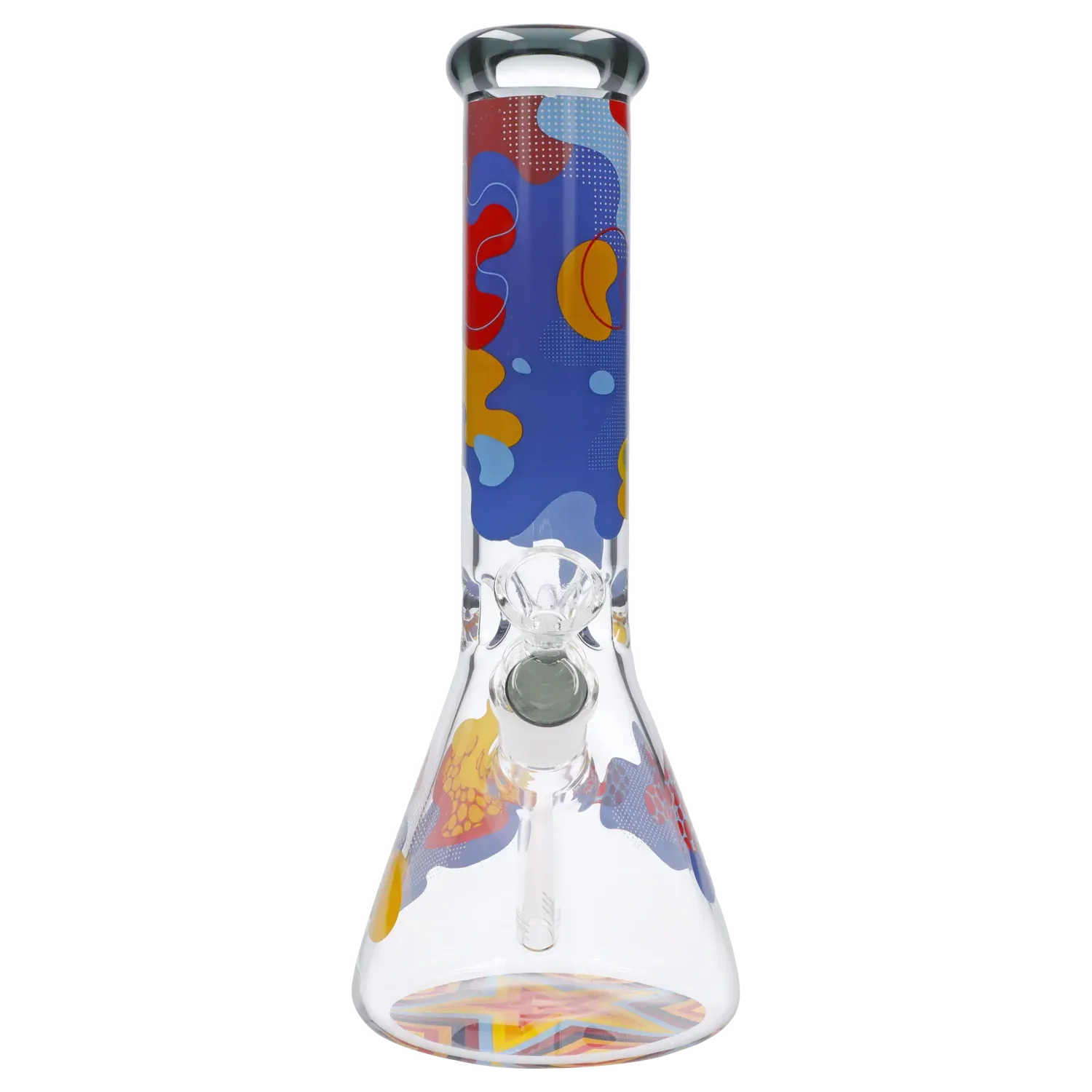 Front view of the Famous Design Papaya Water Pipe - 12in. showing its tall neck and colorful abstract blue, red, and yellow pattern against a white background.
