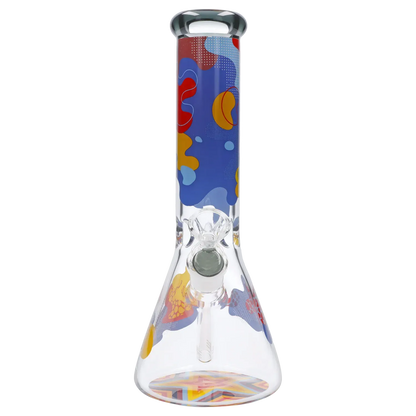 Front view of the Famous Design Papaya Water Pipe - 12in. showing its tall neck and colorful abstract blue, red, and yellow pattern against a white background.