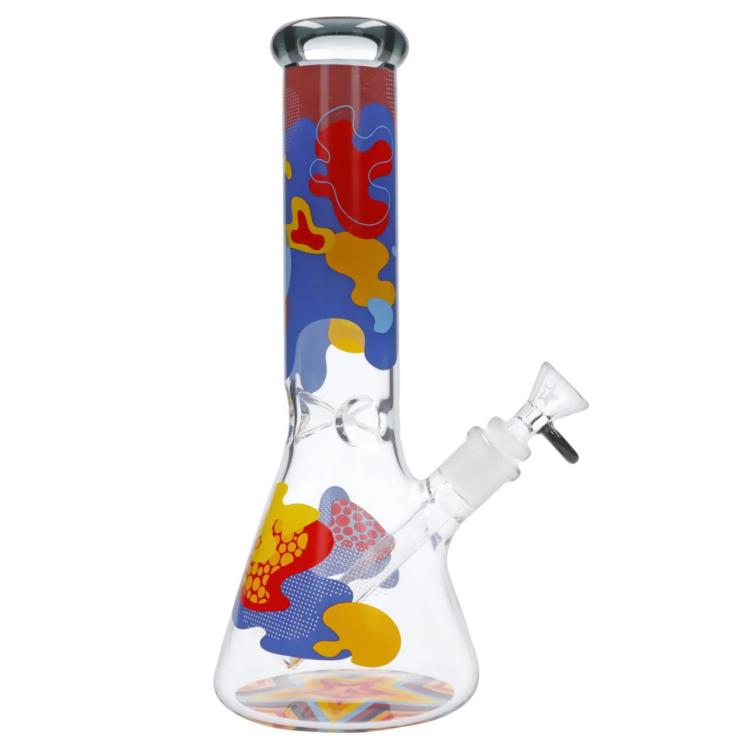 Three-quarter view of the Famous Design Papaya Water Pipe - 12in. showing its colorful abstract red, blue and yellow splashes on a clear glass beaker against a white background