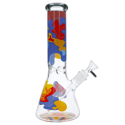 Three-quarter view of the Famous Design Papaya Water Pipe - 12in. showing its colorful abstract red, blue and yellow splashes on a clear glass beaker against a white background