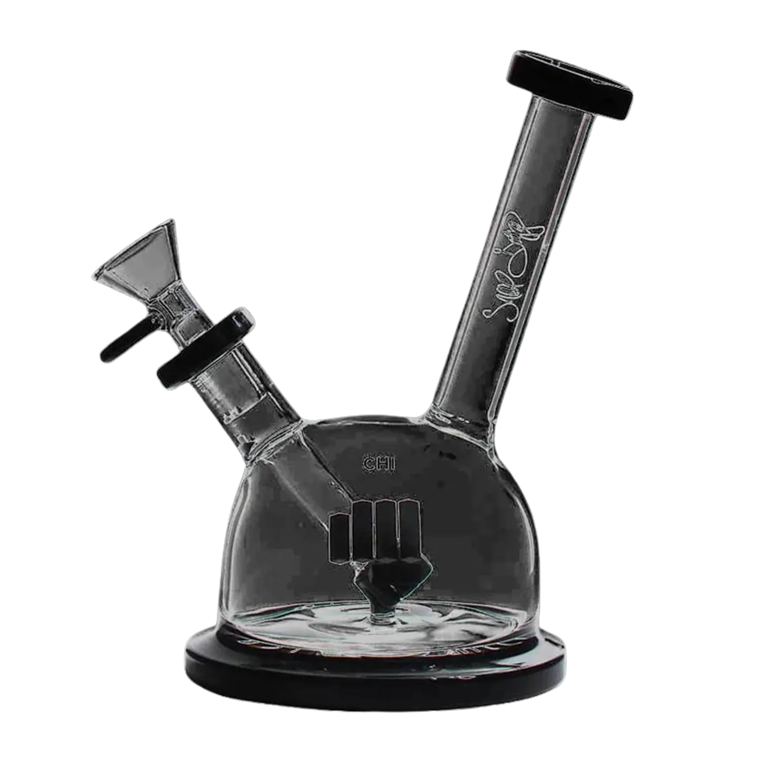 Angled close-up of the black Snoop Dogg Pounds-CHI Water Pipe-Black showing its slanted mouthpiece, downstem and round base with a raised fist logo.