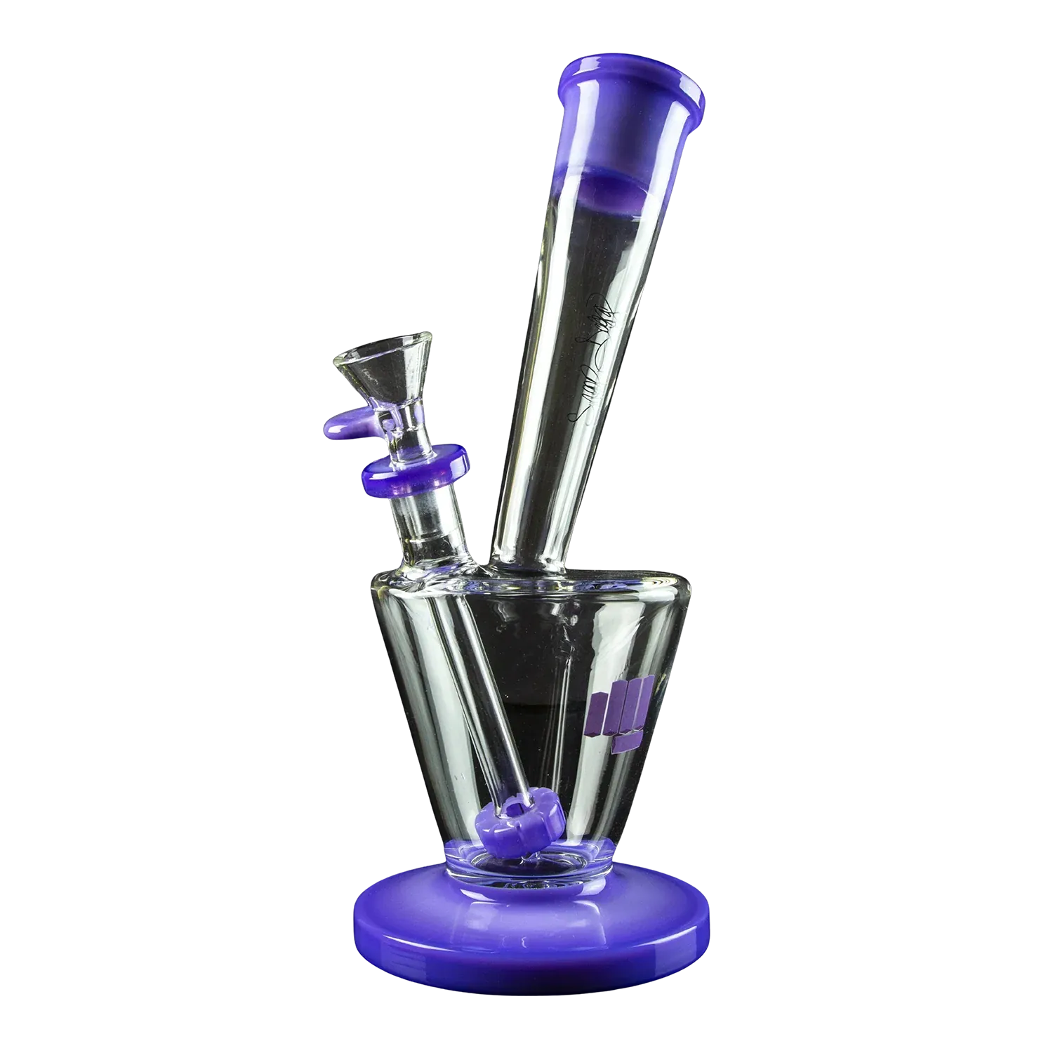 Angled close-up of the Snoop Dogg Pounds-LAX Water Pipe-Purple showing its clear glass tube, purple mouthpiece, and purple base.