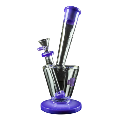 Angled close-up of the Snoop Dogg Pounds-LAX Water Pipe-Purple showing its clear glass tube, purple mouthpiece, and purple base.