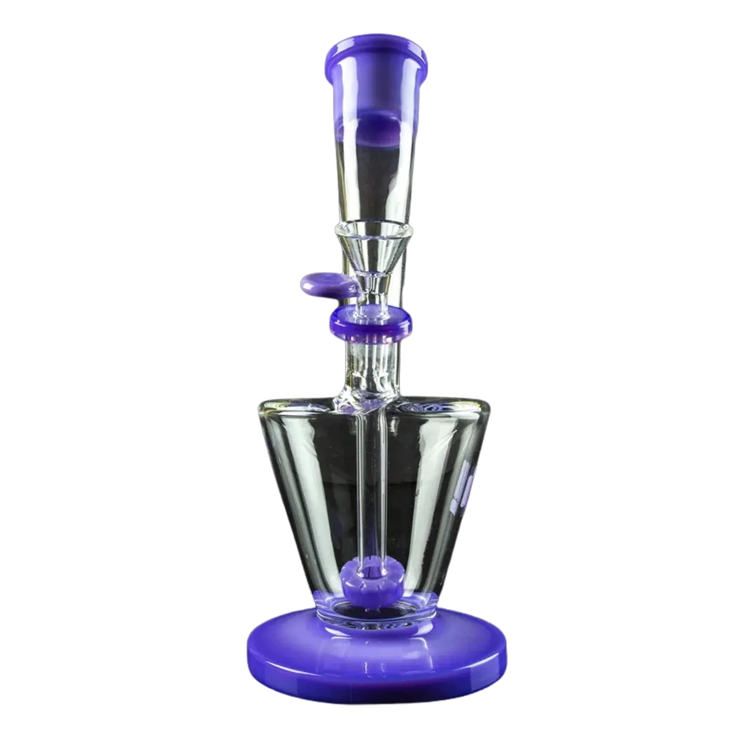 Straight-on view of the Snoop Dogg Pounds-LAX Water Pipe-Purple showing a clear glass body with purple rim accents, mouthpiece, and base.