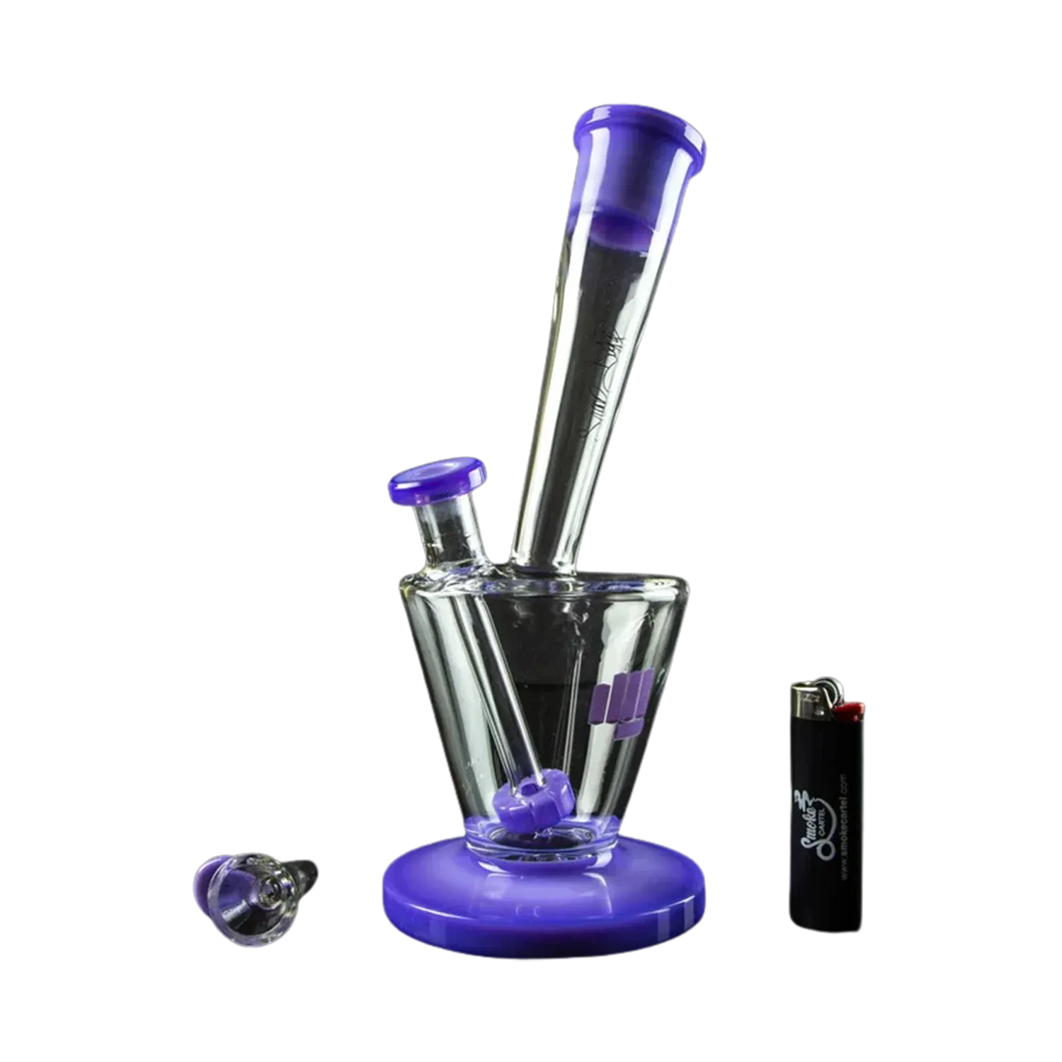 Angled close-up of the purple-accented Snoop Dogg Pounds-LAX Water Pipe-Purple showing its tilted neck, beaker chamber, and detached bowl on a white background.