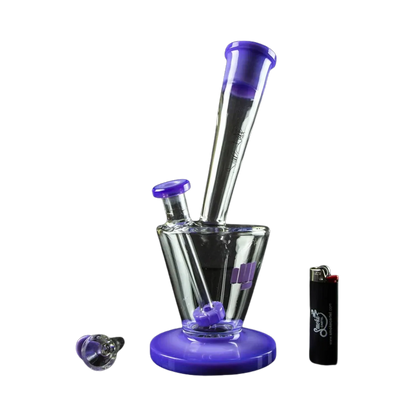 Angled close-up of the purple-accented Snoop Dogg Pounds-LAX Water Pipe-Purple showing its tilted neck, beaker chamber, and detached bowl on a white background.