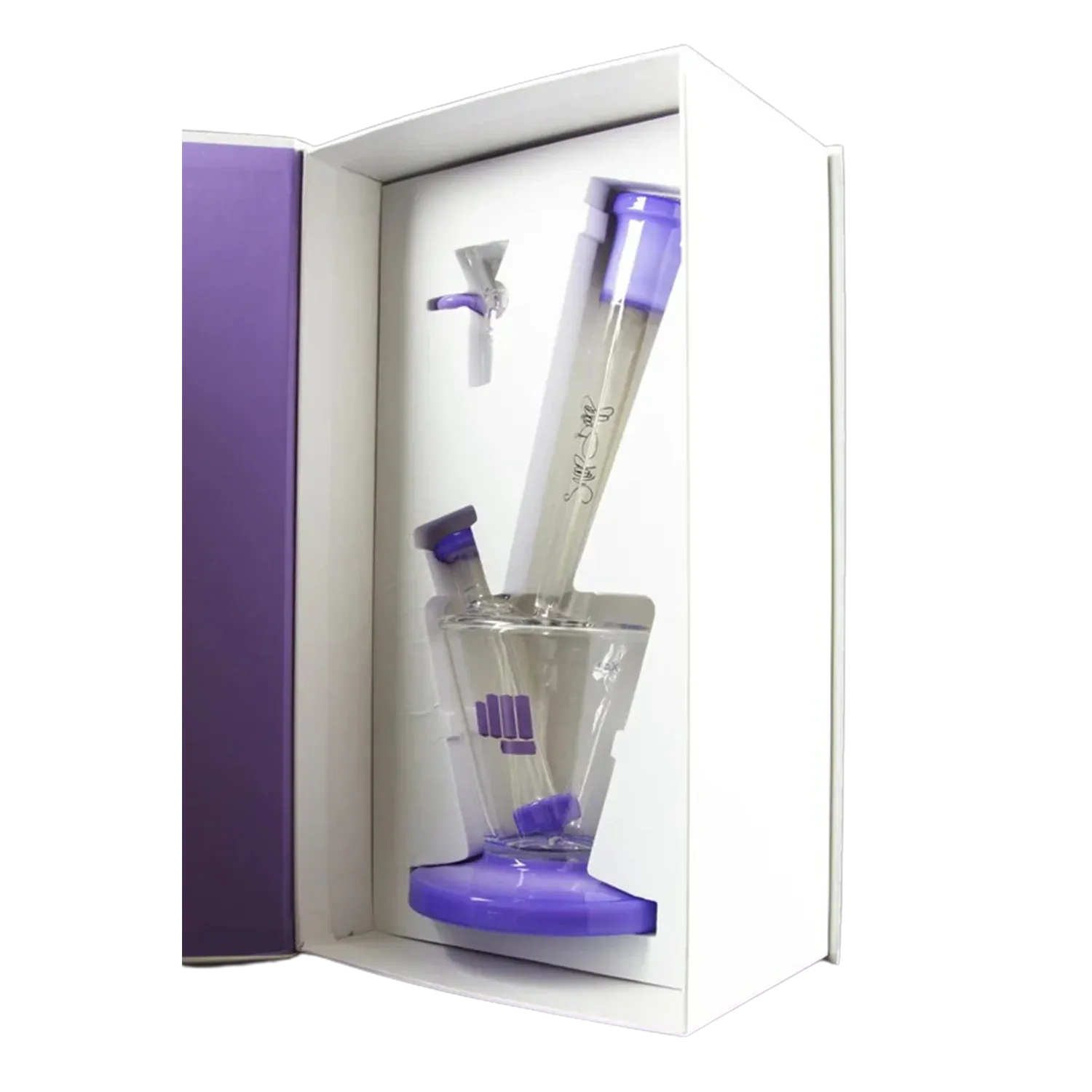 Angled view of the purple Snoop Dogg Pounds-LAX Water Pipe-Purple nestled in white packaging showing its tilted clear chamber, purple base and accents.