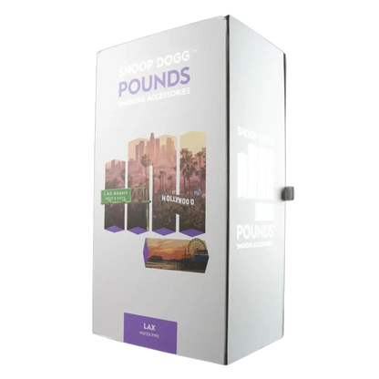 Angled view of the Snoop Dogg Pounds-LAX Water Pipe-Purple box showing printed Los Angeles skyline graphics and purple branding on a white background