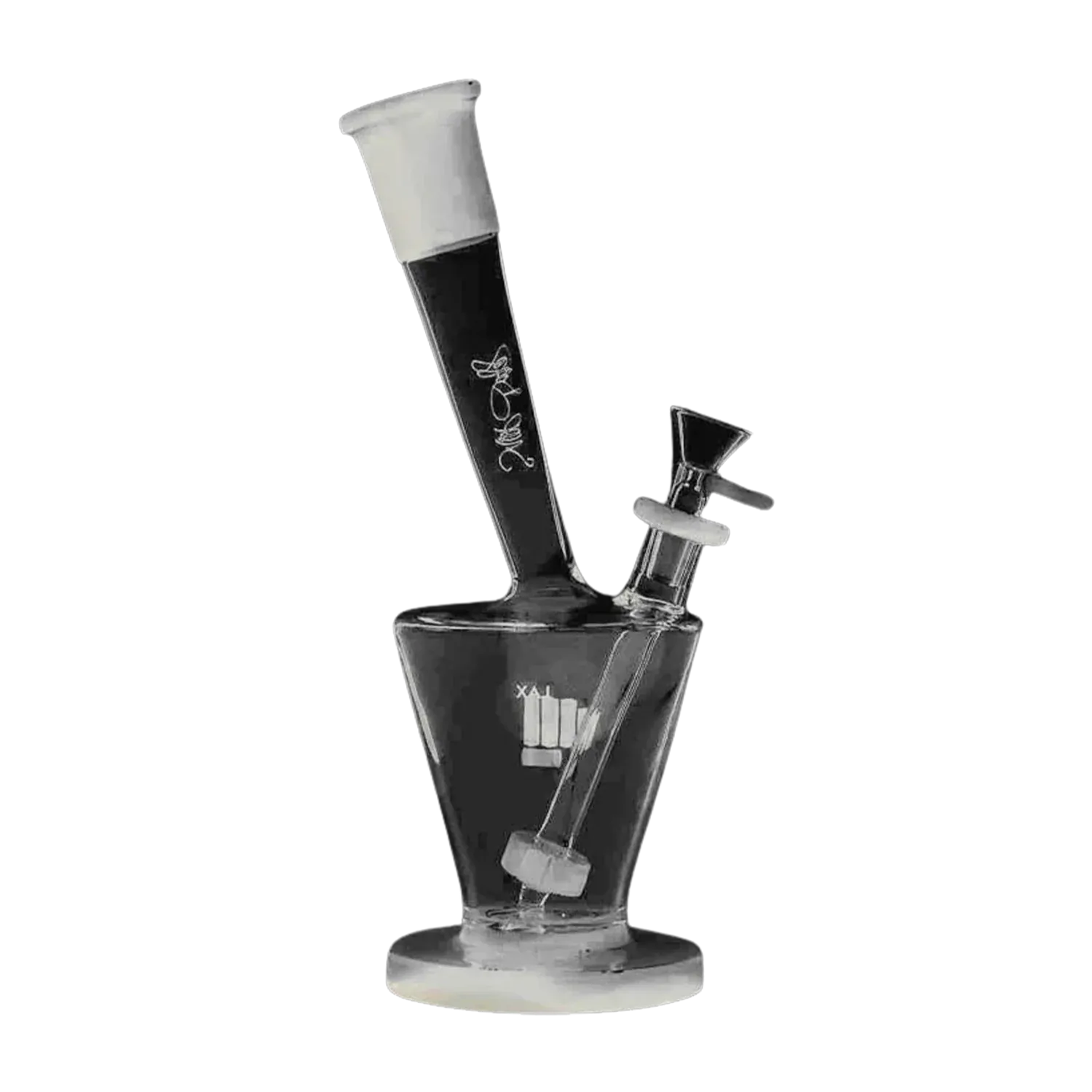 Angled side view of the black and white Snoop Dogg Pounds-LAX Water Pipe-White showing its flared mouthpiece, slanted neck with script logo, and tilted downstem.