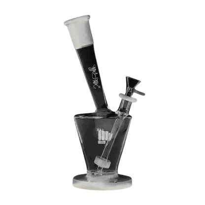 Angled side view of the black and white Snoop Dogg Pounds-LAX Water Pipe-White showing its flared mouthpiece, slanted neck with script logo, and tilted downstem.