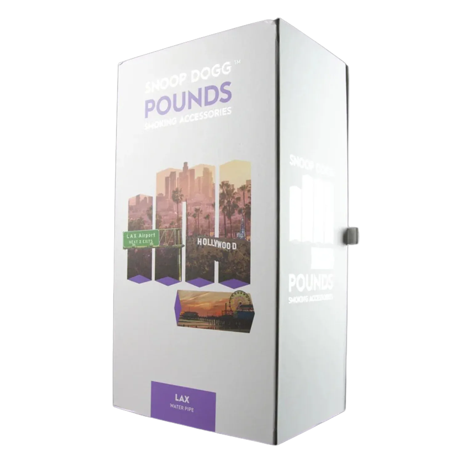 Angled view of the white Snoop Dogg Pounds-LAX Water Pipe-White box showing LA skyline graphics and purple label accents.