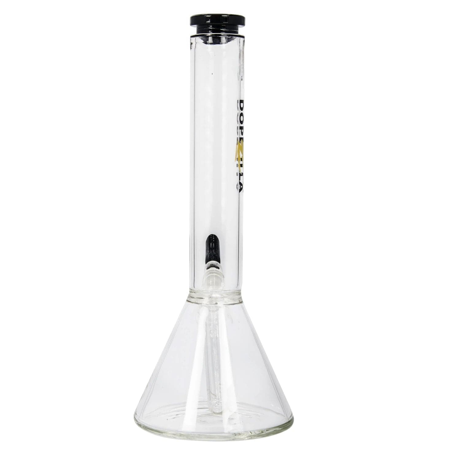 A straight-on view of the 12-inch Dopezilla Chimera Water Pipe, showcasing its black accent and clear glass construction.