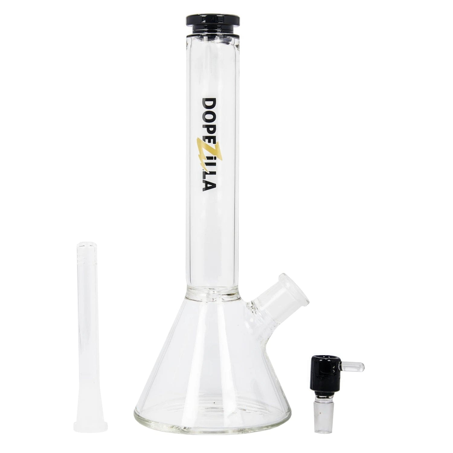 A front view of the 12-inch Dopezilla Chimera Water Pipe in black, showing its beaker shape and clear glass construction.