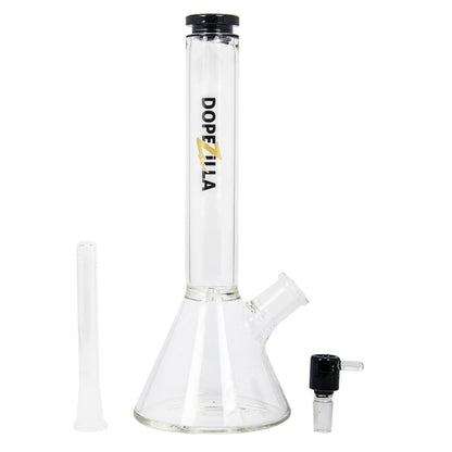 A front view of the 12-inch Dopezilla Chimera Water Pipe in black, showing its beaker shape and clear glass construction.