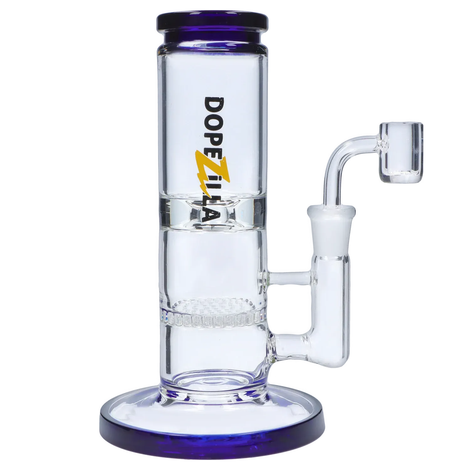 Side view of the Dopezilla Cerberus Dab Rig - Dark Blue - 8in. showing its straight clear glass chamber, stacked percolator details, and dark blue-rimmed base and mouthpiece.