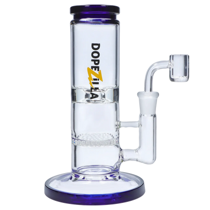 Side view of the Dopezilla Cerberus Dab Rig - Dark Blue - 8in. showing its straight clear glass chamber, stacked percolator details, and dark blue-rimmed base and mouthpiece.