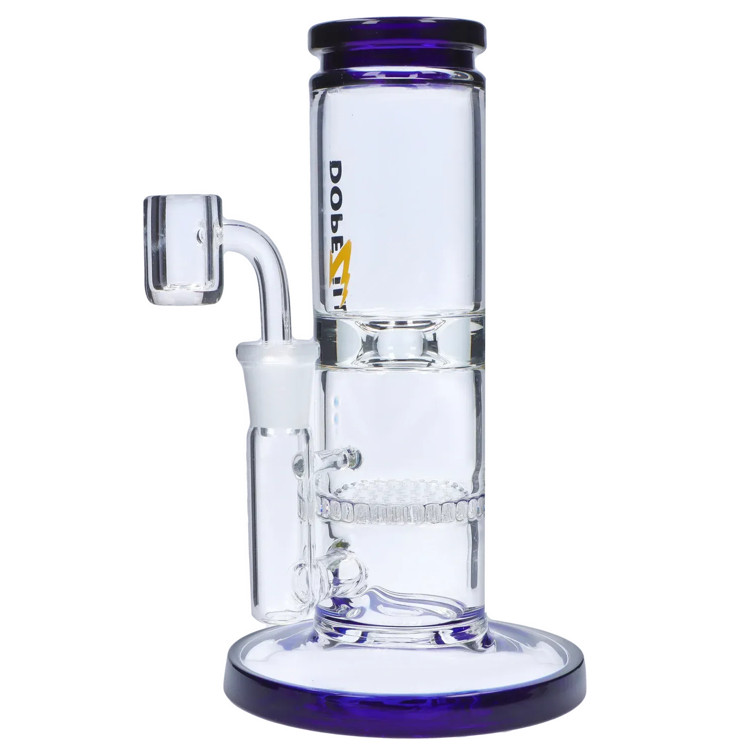 Right-side close-up of the Dopezilla Cerberus Dab Rig - Dark Blue - 8in., showing its clear glass chambers, purple-rimmed mouthpiece and base, and attached quartz banger.