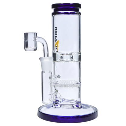 Right-side close-up of the Dopezilla Cerberus Dab Rig - Dark Blue - 8in., showing its clear glass chambers, purple-rimmed mouthpiece and base, and attached quartz banger.
