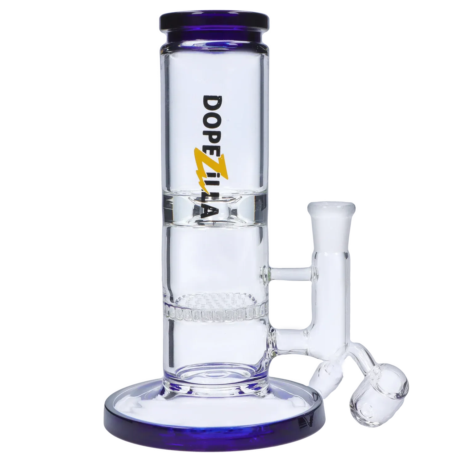 Close-up, front-right view of the Dopezilla Cerberus Dab Rig - Dark Blue - 8in., showing its vertical clear glass chamber, blue-rimmed base and mouthpiece, and side joint.