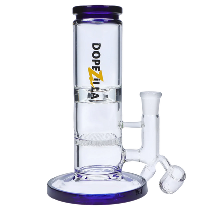Close-up, front-right view of the Dopezilla Cerberus Dab Rig - Dark Blue - 8in., showing its vertical clear glass chamber, blue-rimmed base and mouthpiece, and side joint.