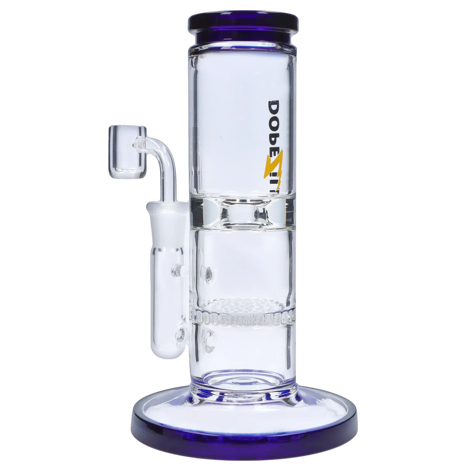 Side profile close-up of the Dopezilla Cerberus Dab Rig - Dark Blue - 8in., showing the clear glass chamber, purple-rimmed base and mouthpiece, and angled banger joint.