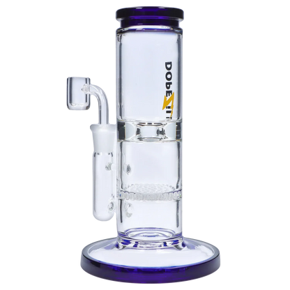 Side profile close-up of the Dopezilla Cerberus Dab Rig - Dark Blue - 8in., showing the clear glass chamber, purple-rimmed base and mouthpiece, and angled banger joint.