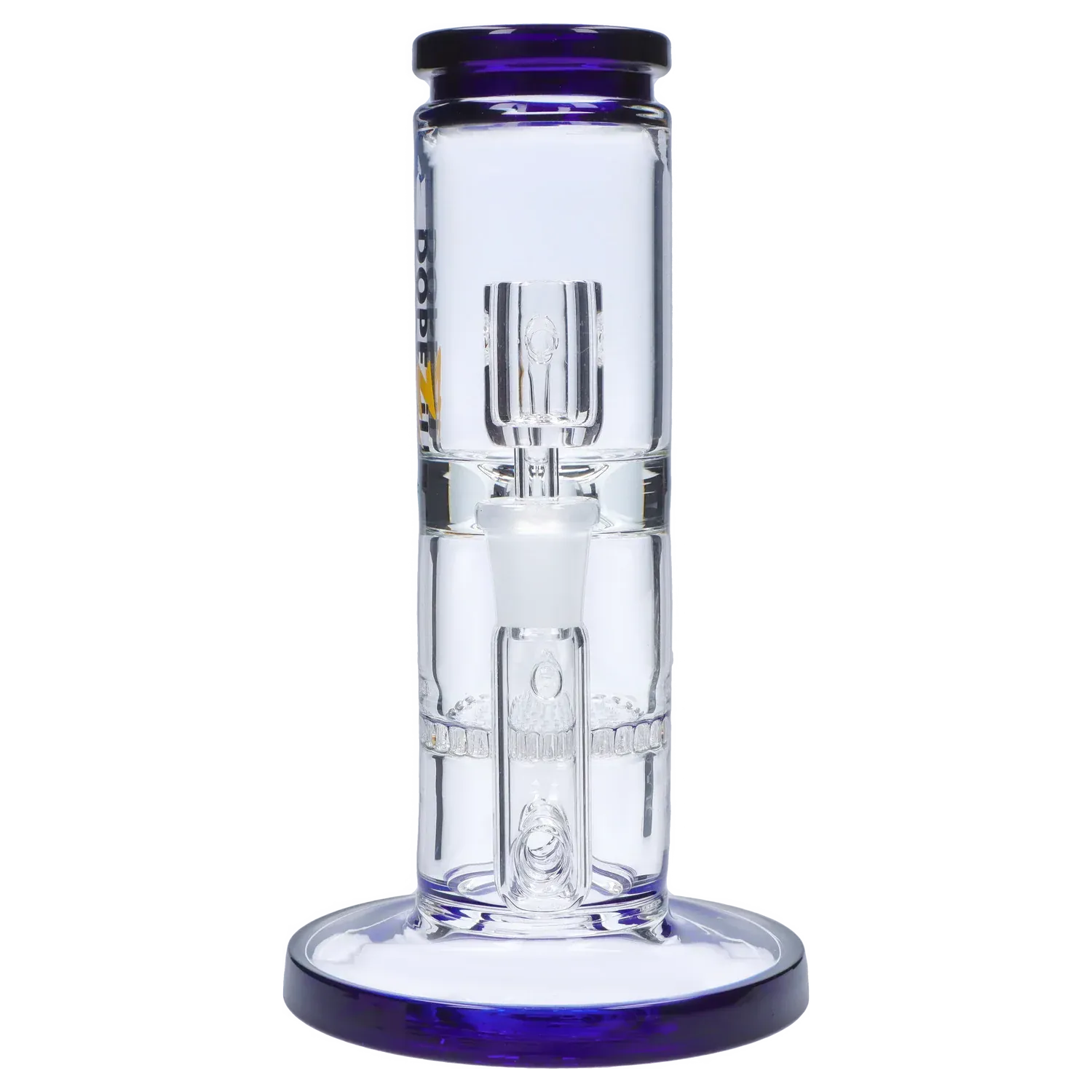 Close-up front view of the Dopezilla Cerberus Dab Rig - Dark Blue - 8in., showing its clear glass chamber, internal percolator details, and dark blue trimmed base and mouthpiece.