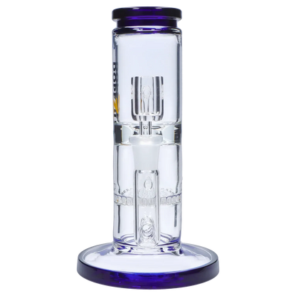 Close-up front view of the Dopezilla Cerberus Dab Rig - Dark Blue - 8in., showing its clear glass chamber, internal percolator details, and dark blue trimmed base and mouthpiece.
