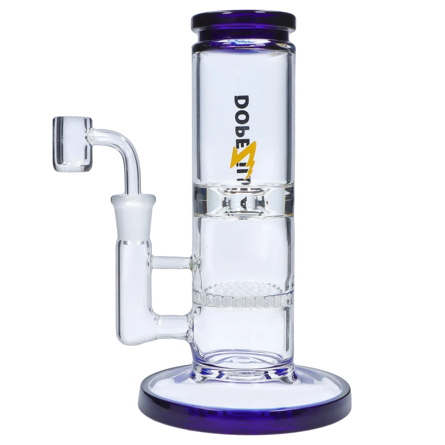 Close-up front view of the Dopezilla Cerberus Dab Rig - Dark Blue - 8in. showing clear glass chambers, blue-rimmed mouthpiece and base, and vertical logo.