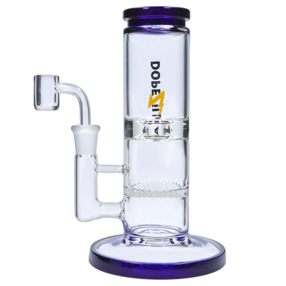 Close-up front view of the Dopezilla Cerberus Dab Rig - Dark Blue - 8in. showing clear glass chambers, blue-rimmed mouthpiece and base, and vertical logo.