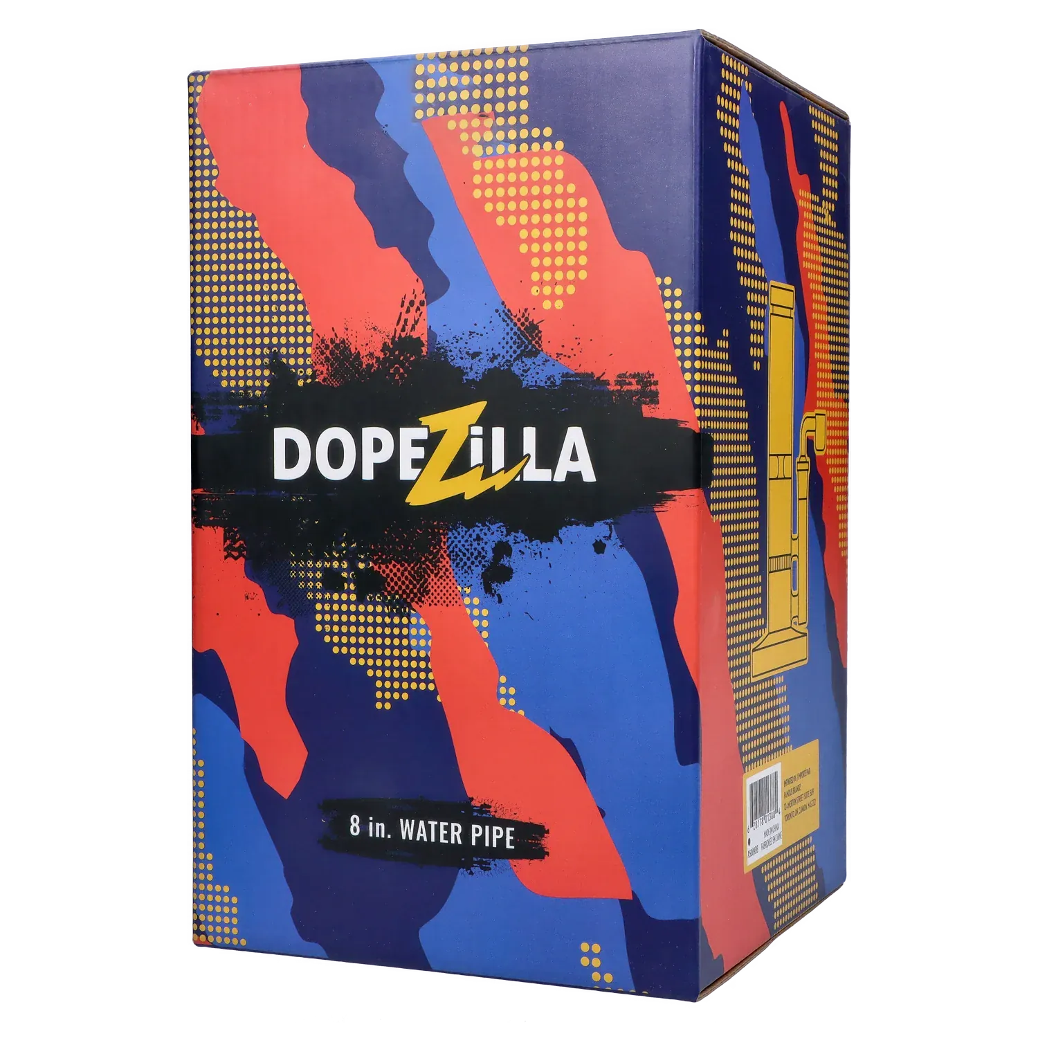 Angled front view of the Dopezilla Cerberus Dab Rig - Dark Blue - 8in. retail box with red and blue camouflage graphics and bold DOPEZILLA logo.