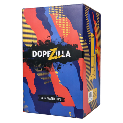 Angled front view of the Dopezilla Cerberus Dab Rig - Dark Blue - 8in. retail box with red and blue camouflage graphics and bold DOPEZILLA logo.