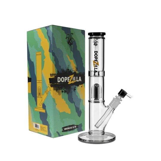 Front view of the 13-inch Dopezilla Hydra Water Pipe, showcasing its clear glass construction and patterned black base.